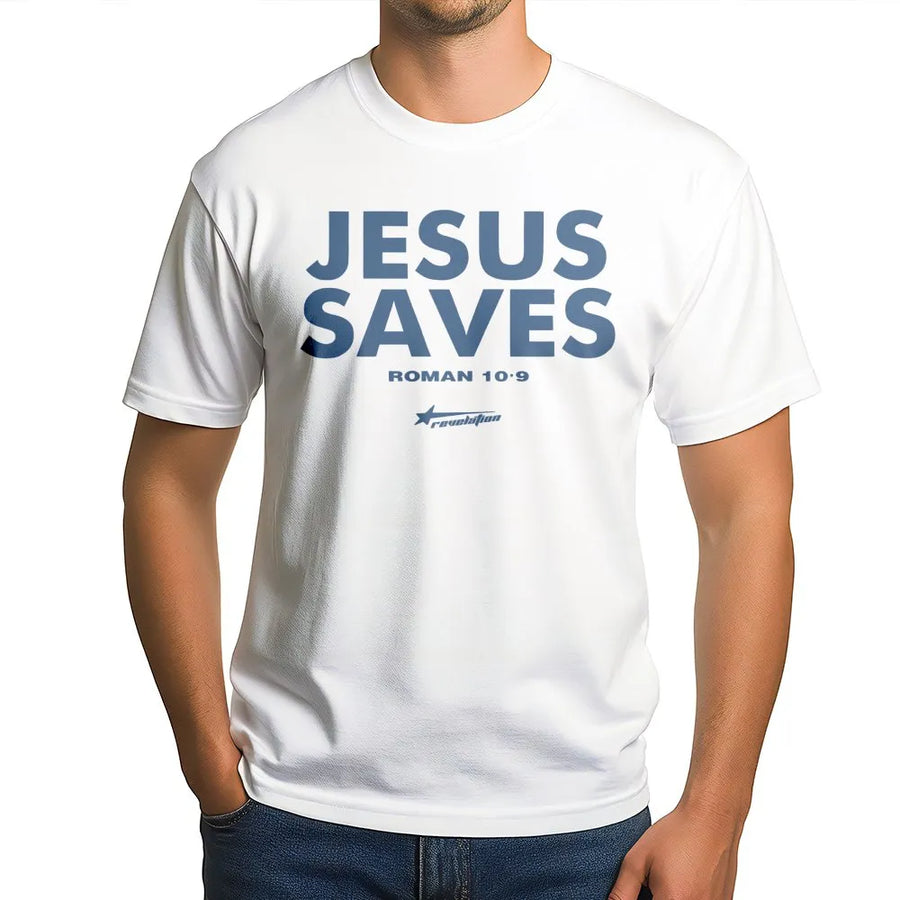 Jesus Saves T-Shirt | Modern Minimalist Romans 10:9 Graphic | Premium Cotton Unisex Tee | Religious Christian Gift For Believers