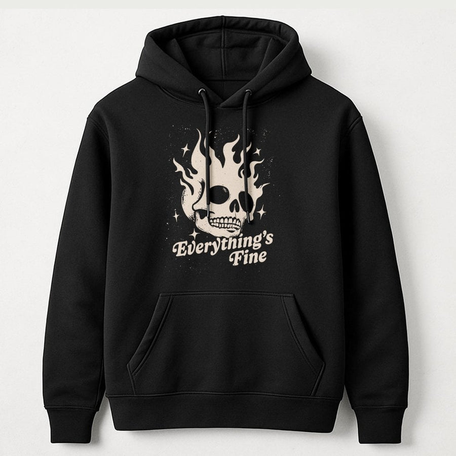 Everything's Fine Skeleton Hoodie | Burning Skull Graphic Design | Premium Cotton Blend | Funny Sarcastic Gift for Goth Y2K Aesthetic Lovers