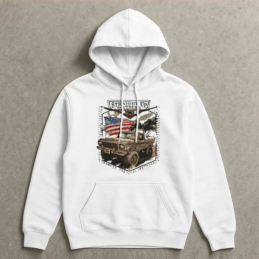 Off-Road Truck Hoodie | Muddy 4x4 American Flag Graphic | Premium Cotton Blend | Southern Lifestyle Gift for Men and Truck Enthusiasts