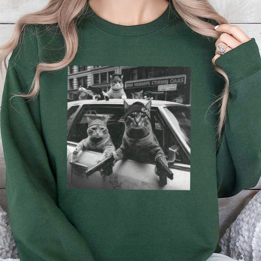 Gangster Cat Graphic Sweatshirt | Funny Meme Streetwear Design | Premium Cotton Blend | Retro Cat Lover Gift For Men And Women