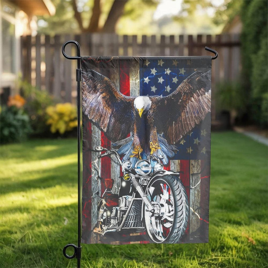 American Eagle Motorcycle Garden Flag | Patriotic Bald Eagle & Flag Design | Weather-Resistant Polyester | Outdoor Yard Decor Gift