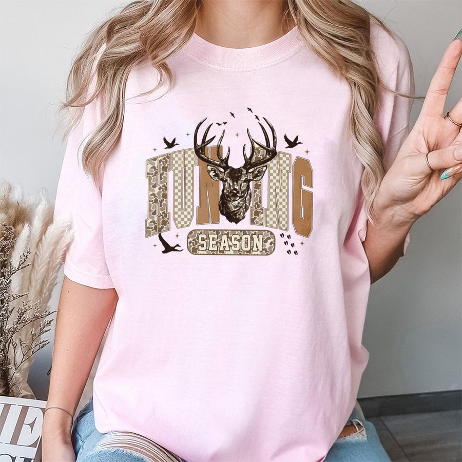 Hunting Season T-Shirt | Retro Camo Deer Antler Graphic | Premium 100% Cotton Tee | Wildlife Outdoor Gift for Hunter Men and Women