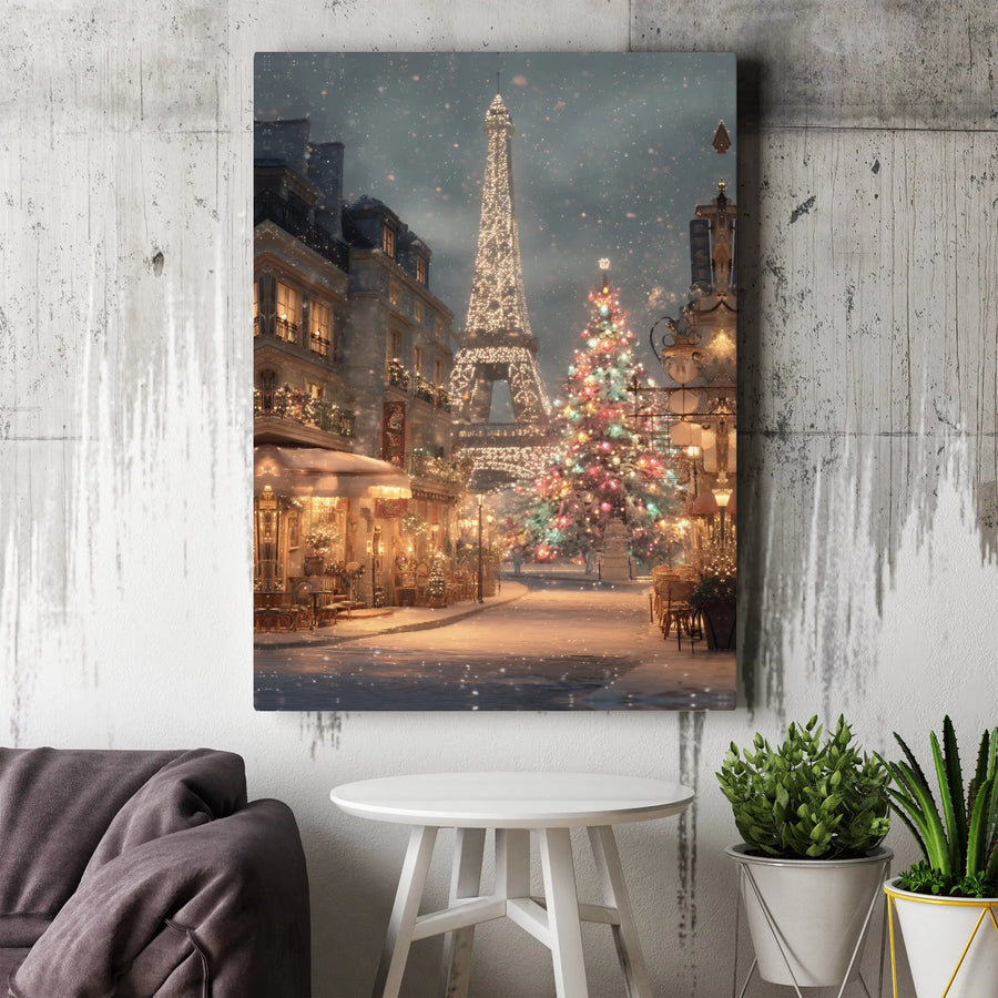 Paris Christmas Canvas Wall Art | Snowy Eiffel Tower Winter Scene | Premium Gallery Wrap Decor | Holiday Living Room Home Gift