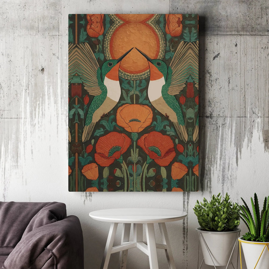 Art Nouveau Hummingbird Canvas Wall Art | Floral Poppy Botanical Print | Gallery-Quality 1.25-Inch Profile | Premium Decor for Nature Lovers