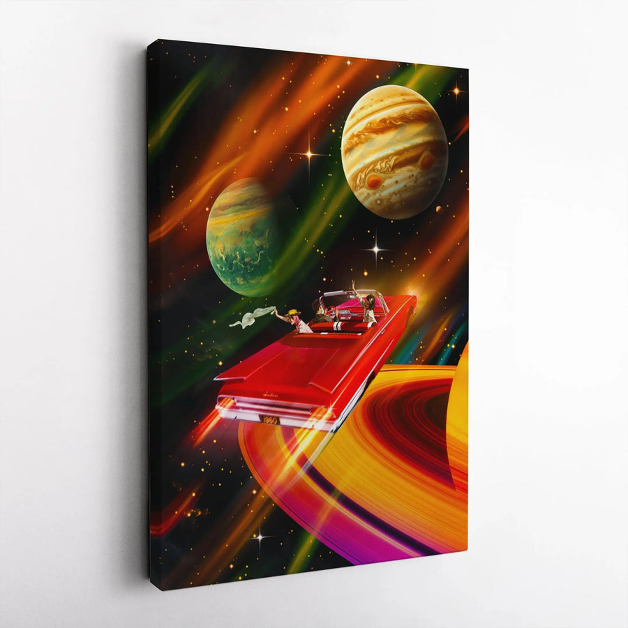 Retro Space Car Canvas | 1960s Red Convertible Galaxy Art | Premium Gallery Wrapped Print | Sci-Fi Surreal Wall Decor for Living Room