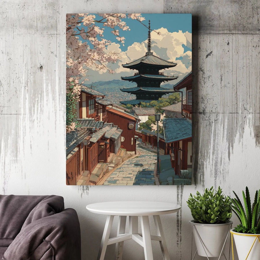 Japanese Temple Vertical Canvas | Anime Style Kyoto Pagoda & Sakura Art | Premium 1.25" Thick Gallery Wrap | Collector's Gift for Japan Lover