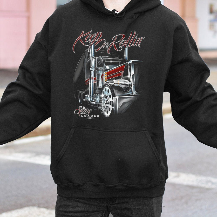 Semi Truck Hoodie | Keep On Rollin’ Stay Loaded Graphic Print | Premium Cotton Blend | Gift for American Trucker Driver Dad