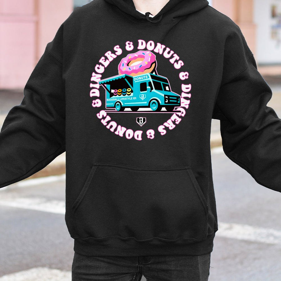 Baseball Donut Truck Hoodie | Funny Food Graphic Pullover | Soft Cotton-Polyester Blend | Sporty Gift For Baseball Fans & Players