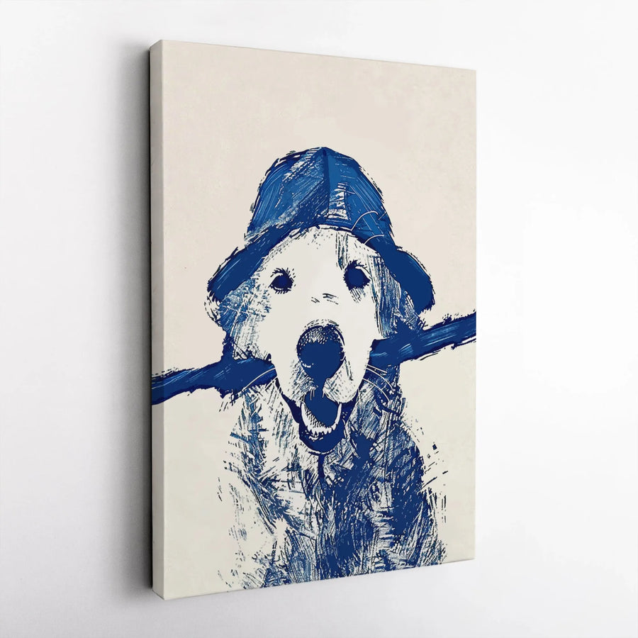 Golden Retriever Canvas Wall Art | Abstract Blue Dog In Rain Hat Print | Premium Gallery Wrap Decor | Dog Lover Gift For Home Office
