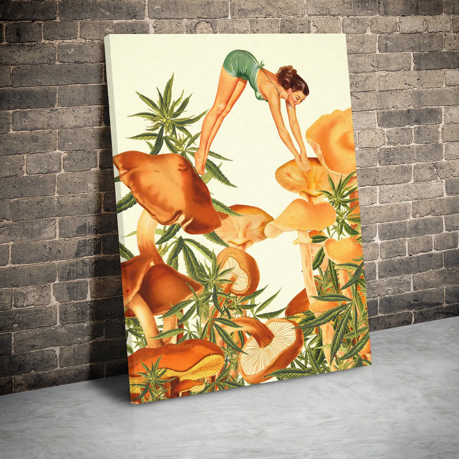 Vintage Pin-Up Girl Mushroom Canvas Print | Trippy Boho Forest Art | Premium Stretched Gallery Wrap | Unique Gift for Weed Enthusiasts