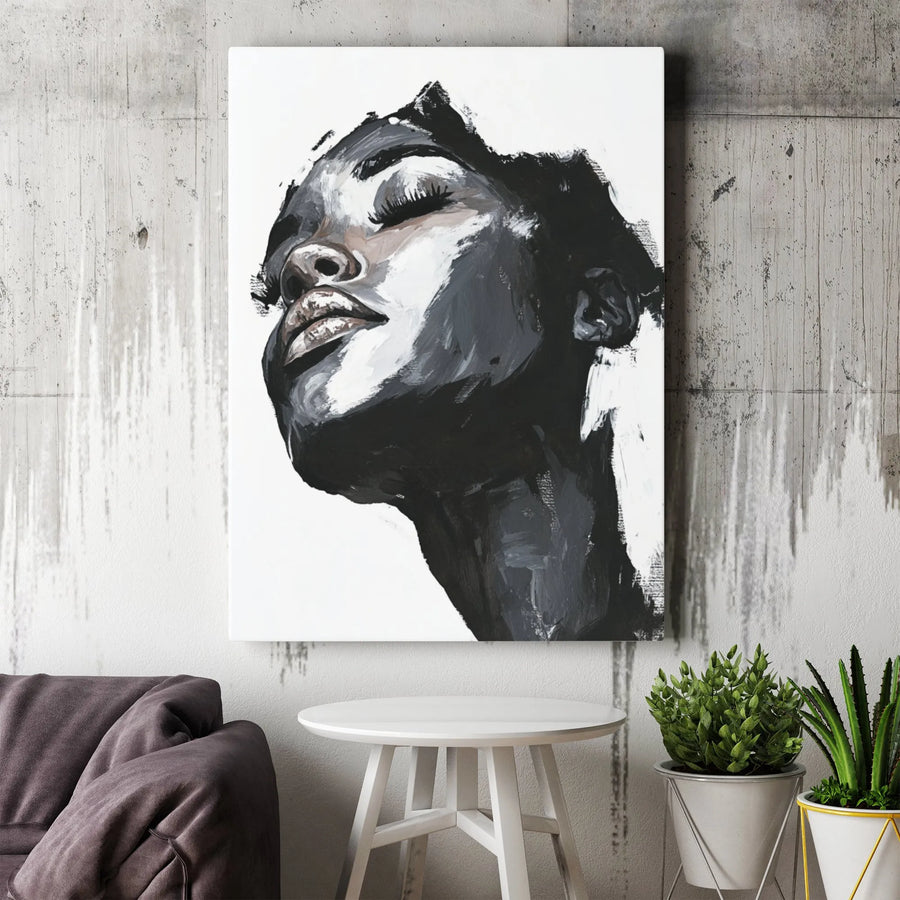 Abstract Black Woman Portrait Canvas | Monochrome Fine Art Print | Gallery-Wrapped Premium Wood Frame | Modern Home Office Wall Decor