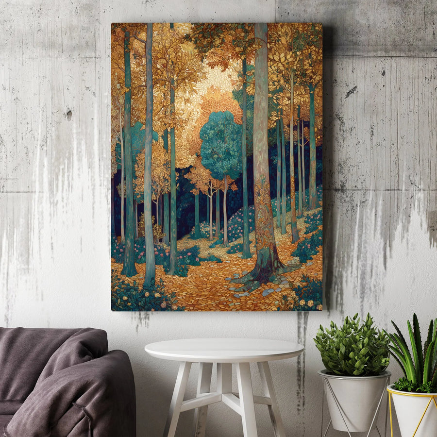 Enchanted Forest Canvas Wall Art | Art Nouveau Woodland Scene | Premium Gallery Wrap Print | Living Room & Bedroom Decor Gift