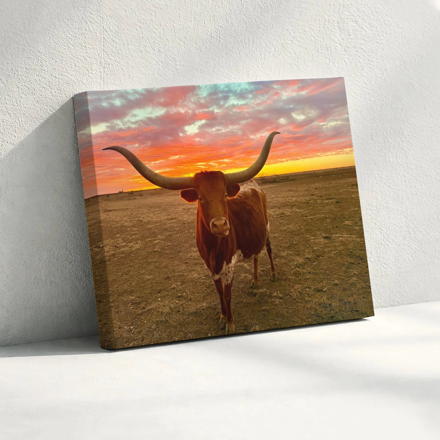 Texas Longhorn Canvas Wall Art | Vibrant Sunset Farmhouse Decor | Premium Fade-Resistant Gallery Print | Rustic Western Home Office Gift