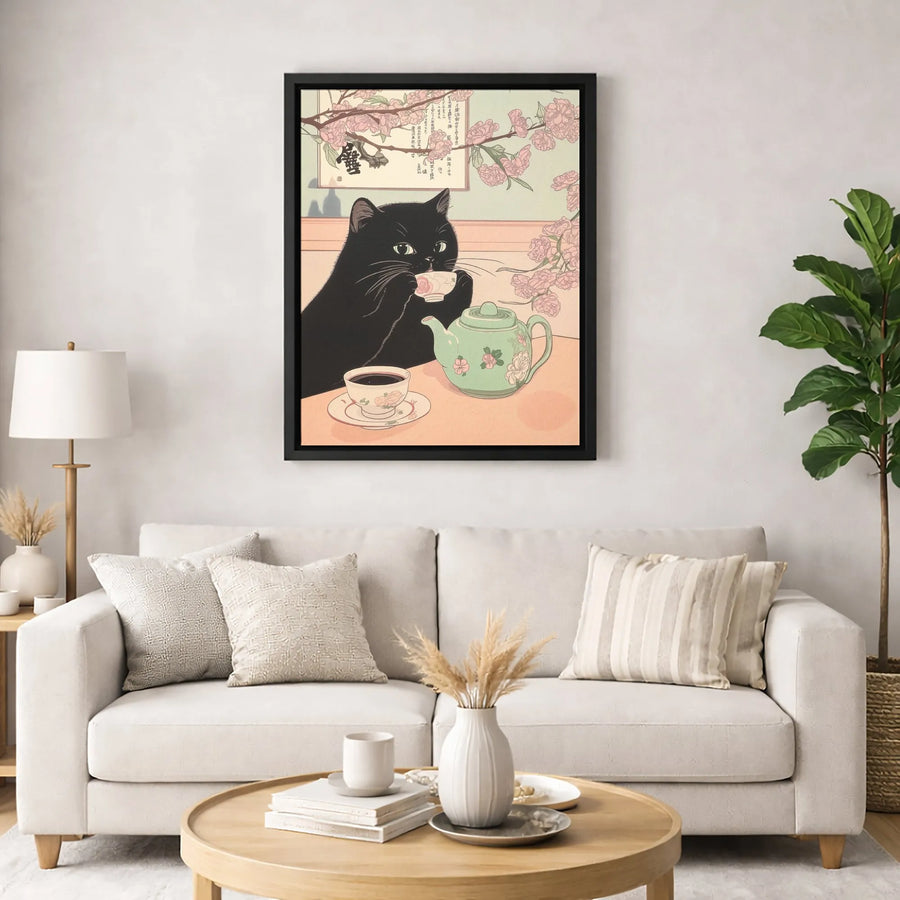 Japanese Ukiyo-e Cat Canvas Wall Art | Black Cat Drinking Tea Design | Premium Gallery-Wrapped Print | Whimsical Home Decor Gift