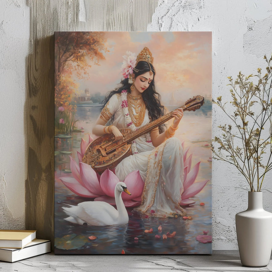 Goddess Saraswati Canvas Art | Hindu Deity Playing Veena on Lotus | Premium Gallery Wrap Wall Decor | Spiritual Home Gift for Devotees