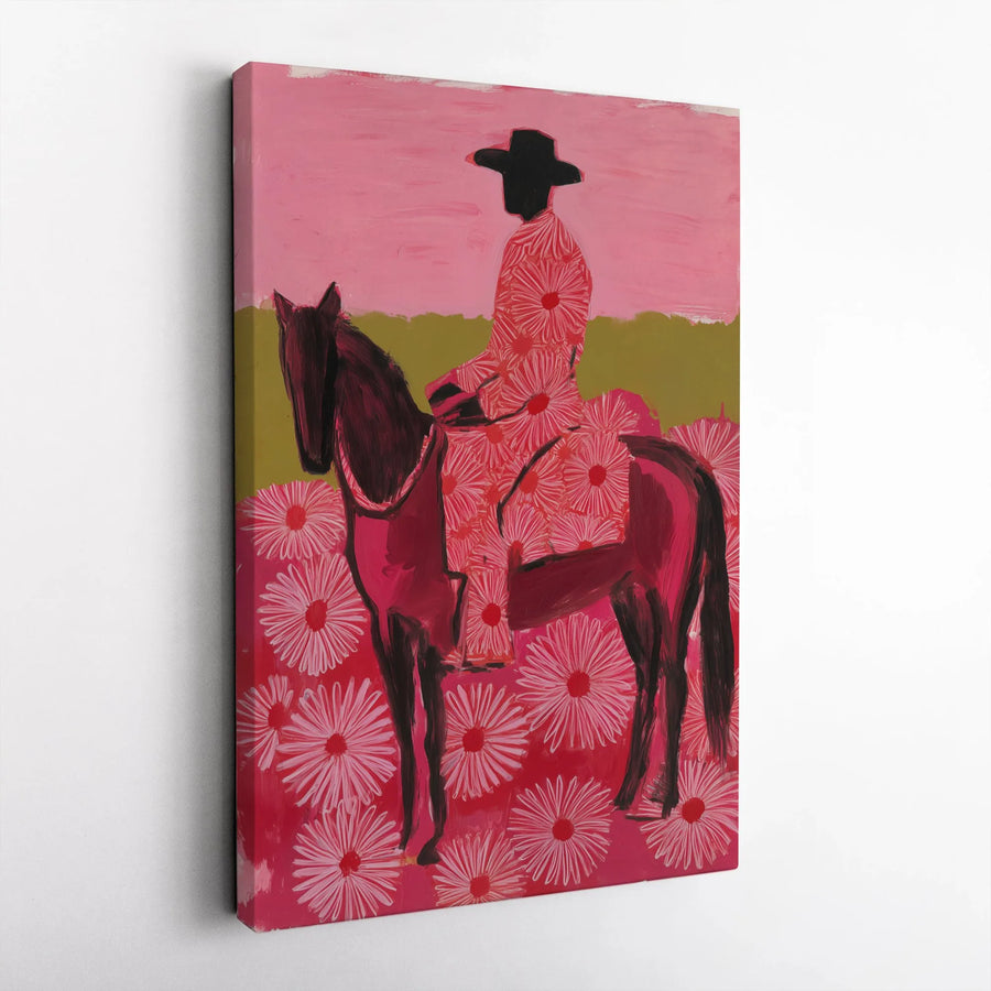 Floral Cowboy Vertical Canvas | Abstract Pink Western Horse Art | Premium Gallery Wrapped Print | Modern Farmhouse Decor Gift