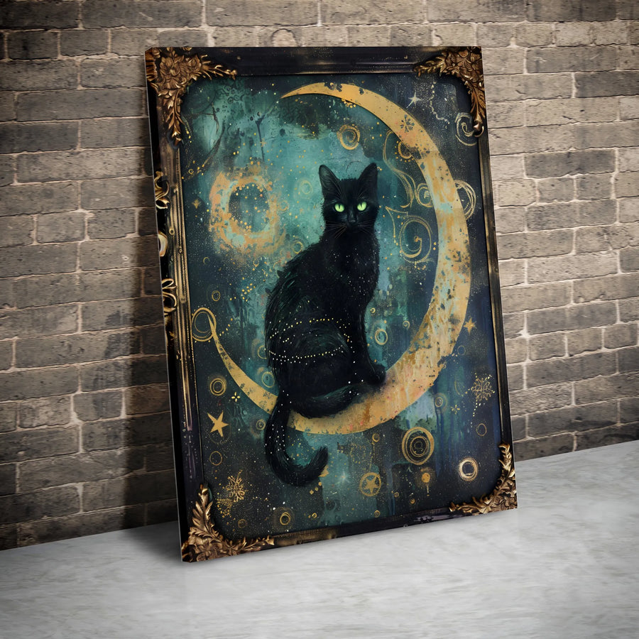 Celestial Black Cat Canvas Art | Green Eyed Cat on Crescent Moon with Vintage Ornate Frame | Premium Gallery Wrapped Canvas | Witchy Gothic Home Decor Gift