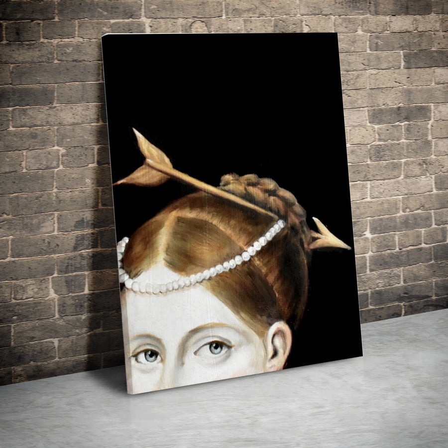 Surreal Renaissance Portrait Canvas | Lady with Arrow and Pearls Wall Art | Premium Gallery Wrapped Print | Unique Dark Academia Home Decor Gift