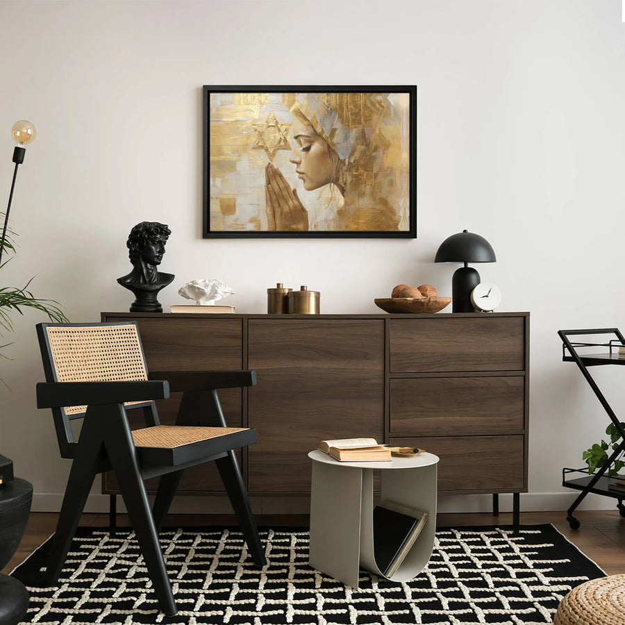Jewish Star of David Wall Art | Praying Woman Gold Foil Aesthetic | Premium Gallery-Wrapped Canvas | Religious Home Decor Gift