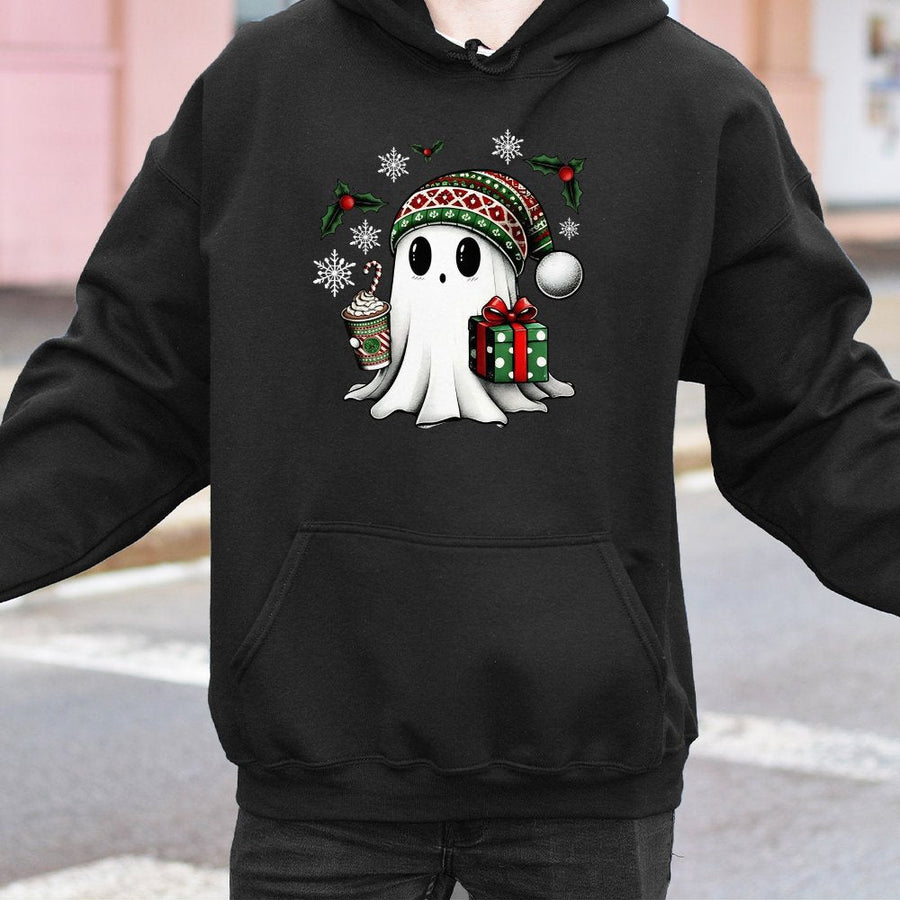 Christmas Ghost Hoodie | Cute Holiday Spooky Spirit Graphic | Cotton-Poly Blend Premium Apparel | Unisex Gift For Xmas Lovers