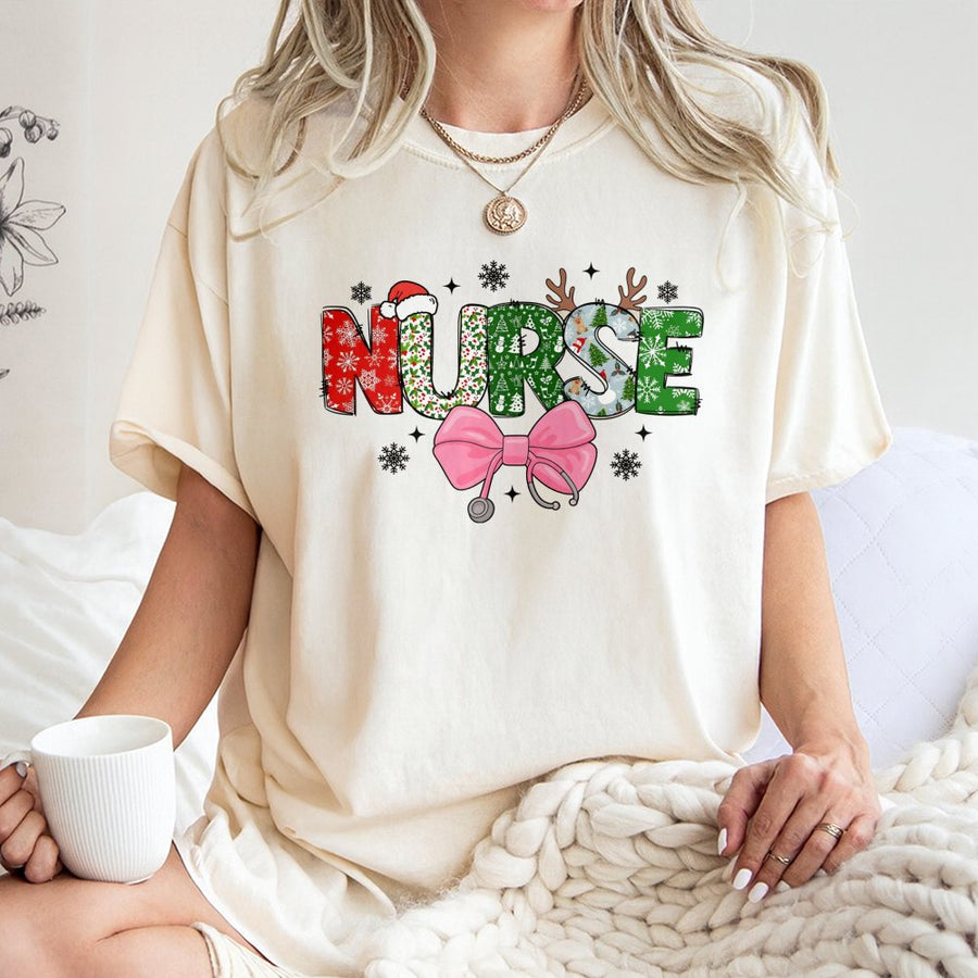 Christmas Nurse T-Shirt | Holiday Stethoscope Graphic Design | 100% Cotton Premium Tee | Cute Healthcare Worker Gift for RNs and Nursing Students