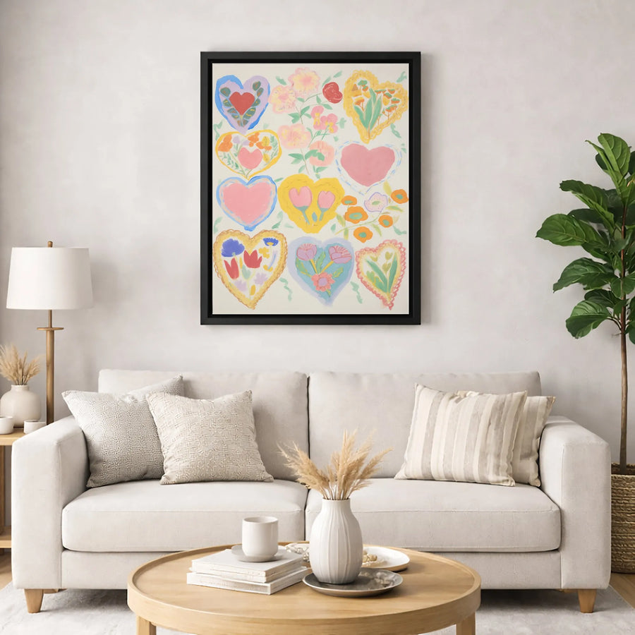 Watercolor Floral Heart Canvas Wall Art | Colorful Botanical Collage Print | Premium Gallery Wrapped Decor | Romantic Gift For Her Home