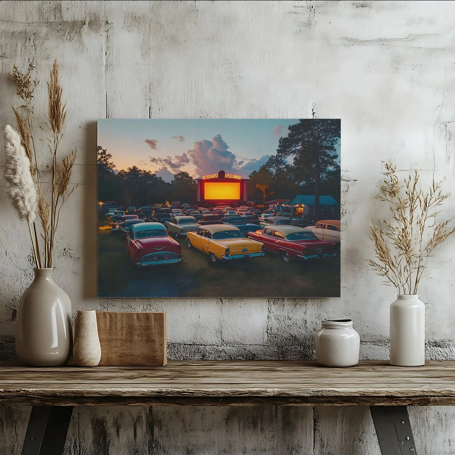 Drive-In Movie Theater Canvas Print | Vintage 1950s Classic Cars Wall Art | Gallery Wrapped Premium Decor | Nostalgic Americana Gift for Car Enthusiasts