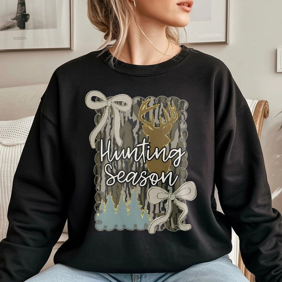 Hunting Season Sweatshirt | Bow Coquette Camo Deer Design | Premium Cotton Blend Crewneck | Fall Wildlife Gift for Hunters Women and Men