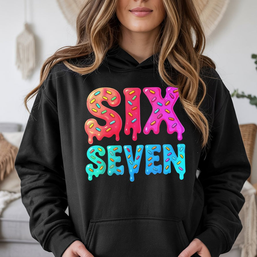Six Seven Hoodie | Dripping Donut Typography Graphic | Premium Cotton Blend | Funny Gen Alpha Slang Meme Gift for Teens