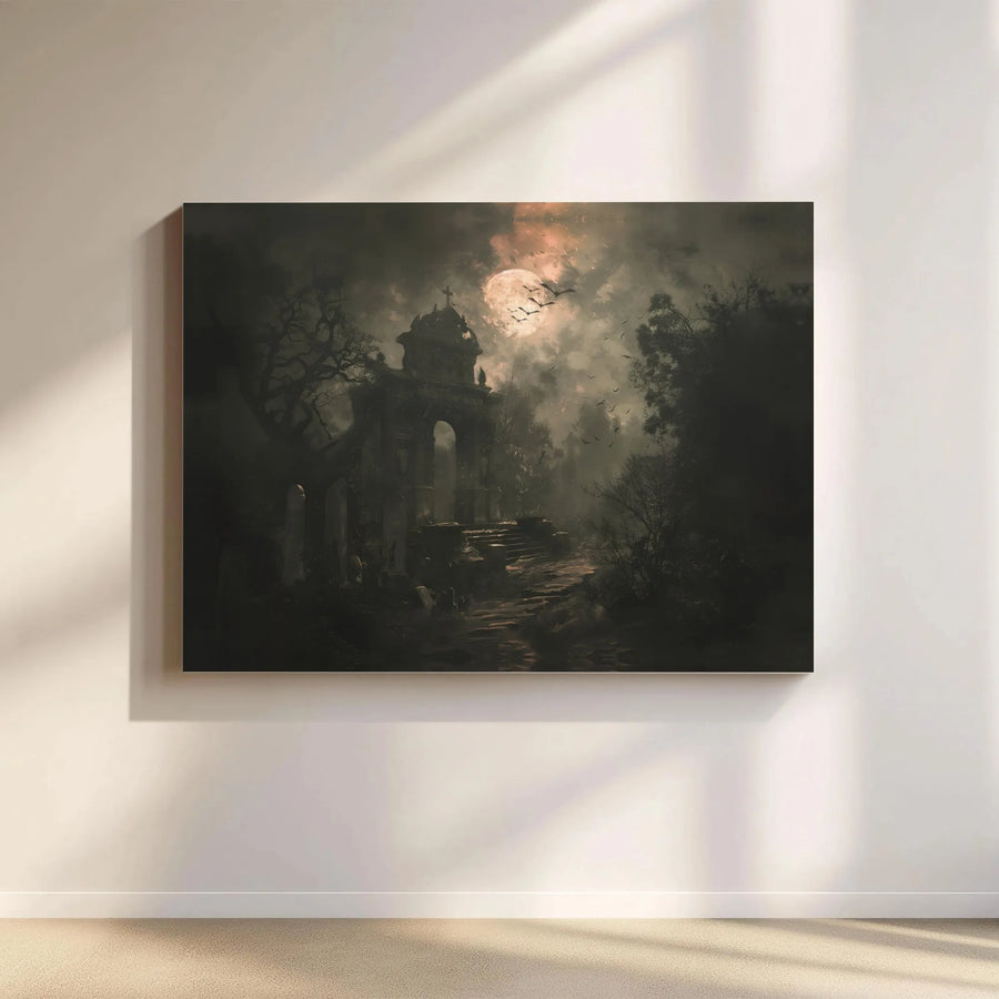 Gothic Cemetery Canvas Wall Art | Dark Academia Ruin With Full Moon | Gallery Quality Wrapped Print | Spooky Victorian Home Decor Gift