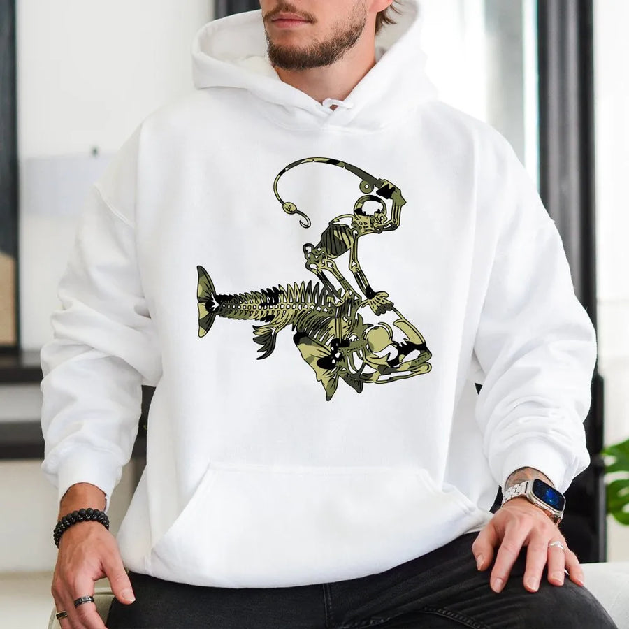 Fishing Skeleton Hoodie | Camo Skeleton Riding Fish Graphic | Soft Cotton Blend Pullover | Unique Gift for Fisherman