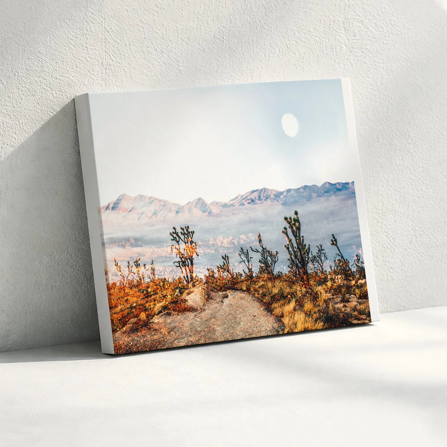 Desert Landscape Canvas Art | Misty Mountain & Joshua Tree View | Premium Gallery Canvas Print | Southwestern Boho Wall Decor Gift