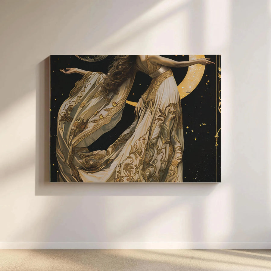 Celestial Goddess Canvas Art | Gold Moon and Stars Aesthetic | Premium Gallery-Wrapped Print | Enchanting Mythology Home Decor Gift