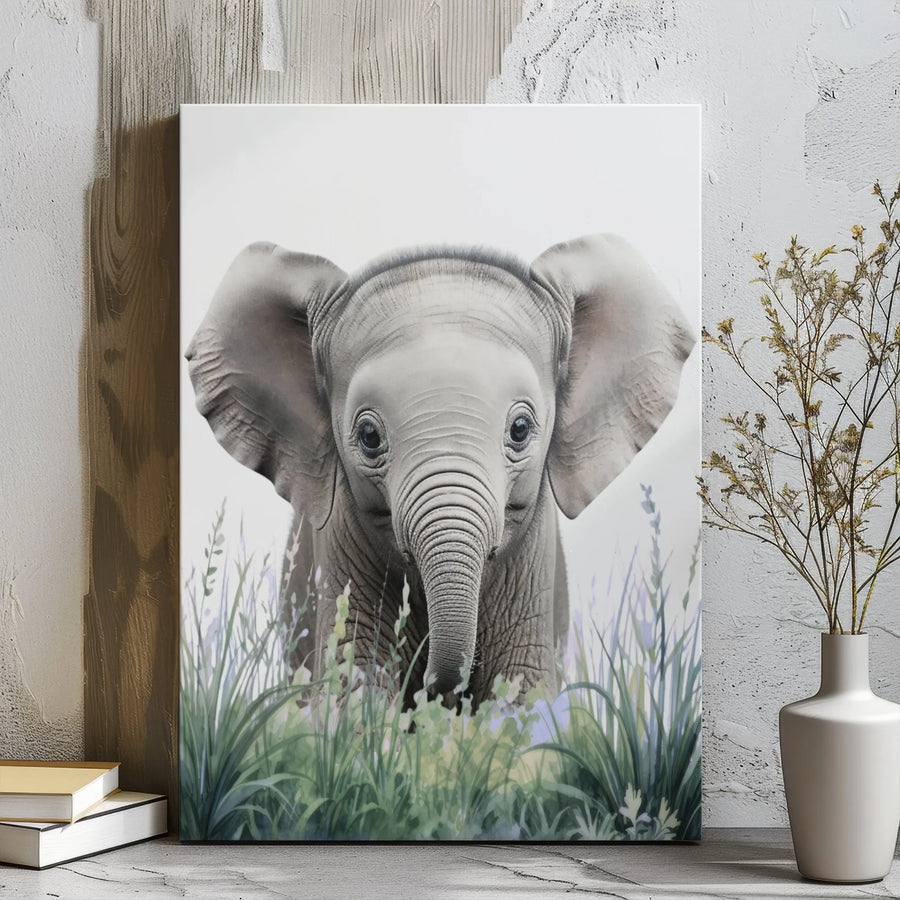Baby Elephant Wall Art | Watercolor Jungle Nursery Canvas | Premium 1.25 Inch Gallery Wrap | Cute Animal Decor Gift for Kids Room