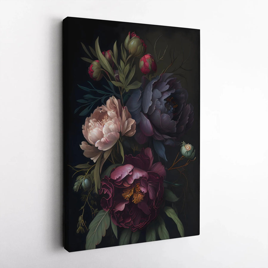 Dark Floral Canvas Art | Moody Peony Bouquet Print | Premium Gallery Wrapped Canvas | Dark Academia Wall Decor Gift