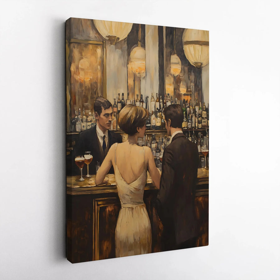 Vintage Bar Scene Canvas Art | Elegant Couple at Nightclub Oil Painting Style | Premium Gallery Wrap Wall Decor | Sophisticated Home Office Gift