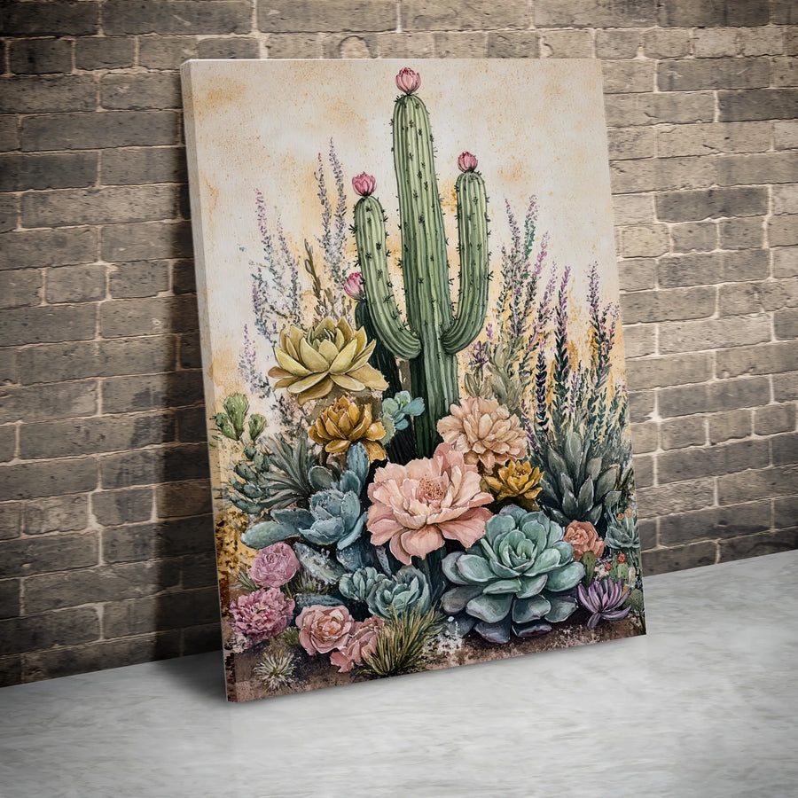 Watercolor Desert Garden Canvas Wall Art | Saguaro Cactus and Succulents Print | Gallery-Quality 1.25" Profile | Botanical Home Decor for Living Room