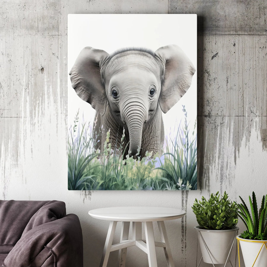Baby Elephant Wall Art | Watercolor Jungle Nursery Canvas | Premium 1.25 Inch Gallery Wrap | Cute Animal Decor Gift for Kids Room