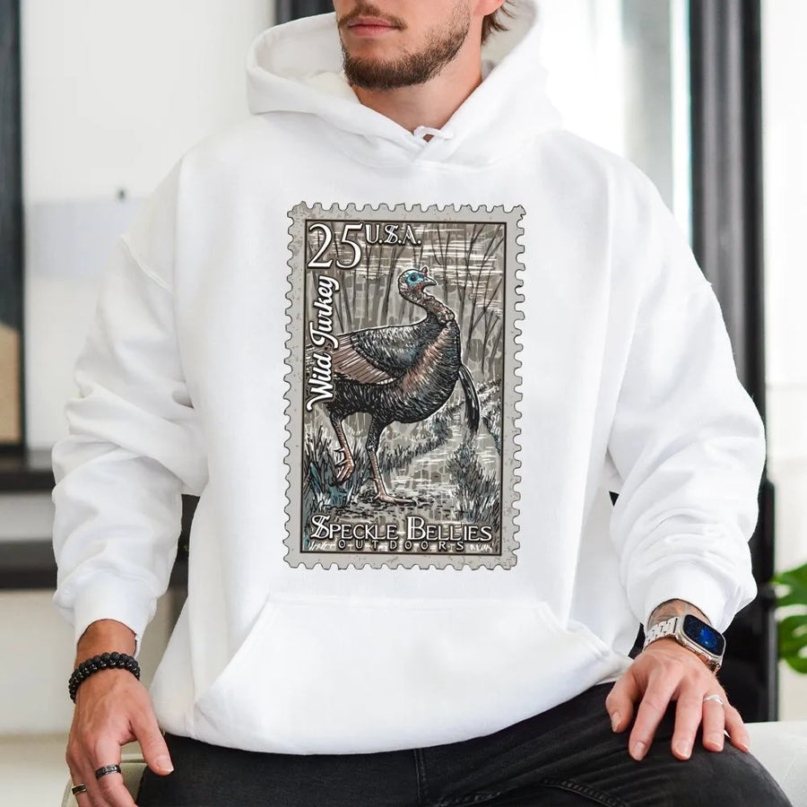 Wild Turkey Hunting Hoodie | Vintage Postage Stamp Graphic Art | Premium Cotton-Poly Blend | Outdoorsman Wildlife Lover Gift