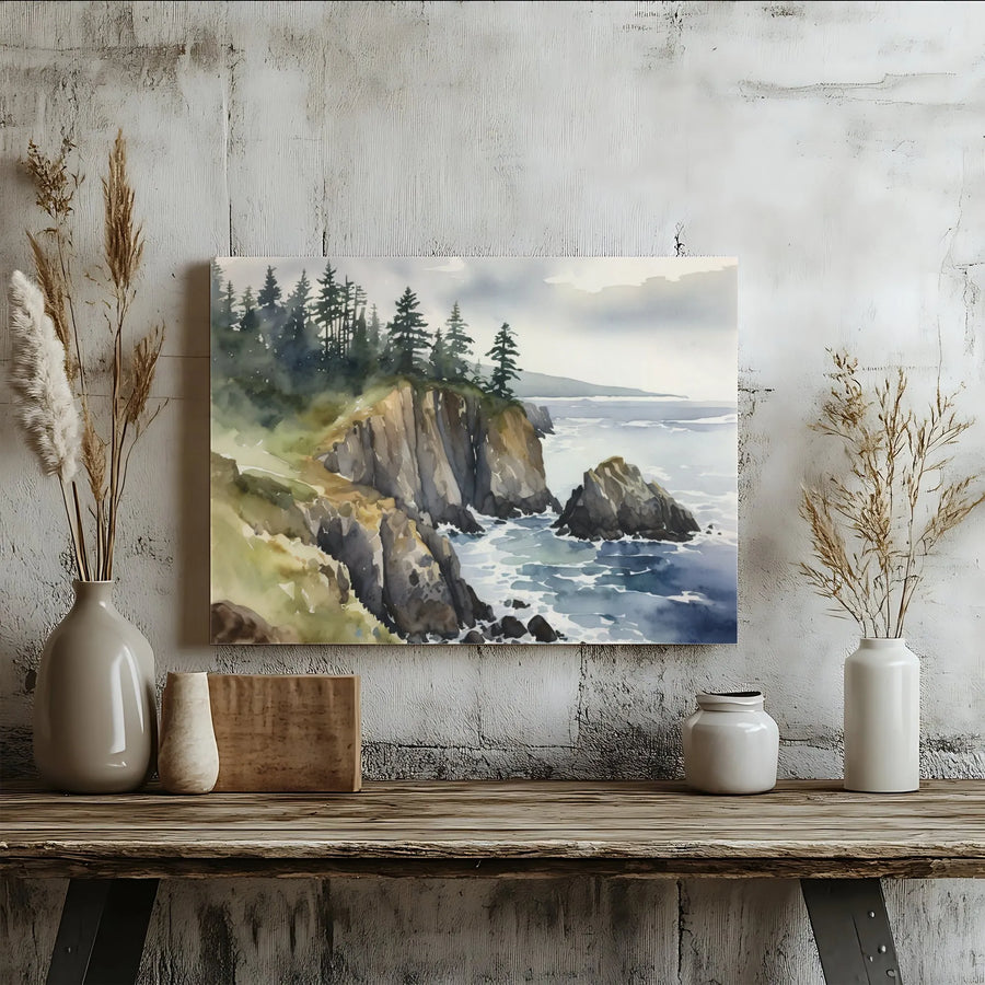 Coastal Watercolor Landscape Canvas Art | Rocky Cliff and Pine Forest Print | Premium Gallery-Wrapped Wall Decor | Serene Nature Gift for Home