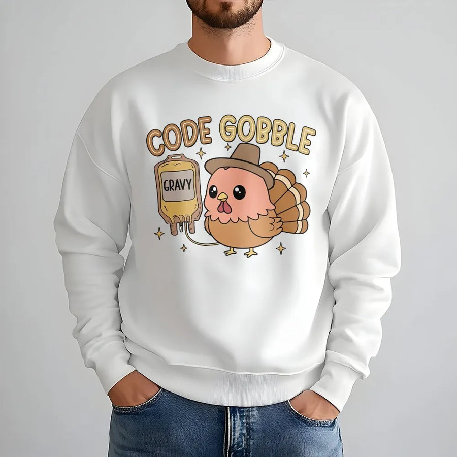 Funny Nurse Thanksgiving Sweatshirt | Code Gobble Turkey Graphic | Premium Cotton Blend Sweatshirt | Gift for RN CNA ER Nurse Crew