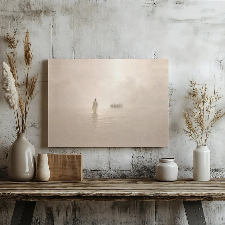 Jesus Walking on Water Horizontal Canvas | Ethereal Biblical Faith Scene | Premium 1.25” Thick Gallery Style Canvas | Serene Christian Home Decor Gift