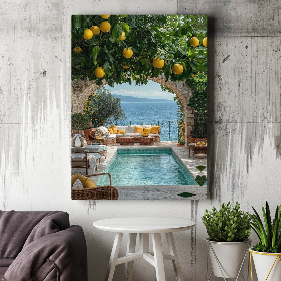 Amalfi Coast Mediterranean Pool Vertical Canvas | Italian Villa Lemon Tree Archway Scene | Premium 1.25” Gallery Wrap | Aesthetic Home Decor Gift for Travel Lovers