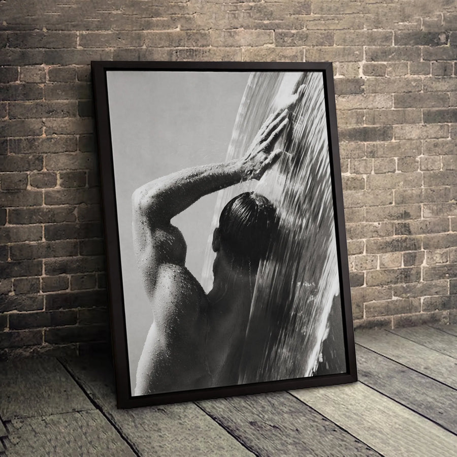 Muscular Man Showering Canvas Art | Black and White Fitness Photography | Premium Gallery-Wrapped Print | Masculine Bathroom Wall Decor