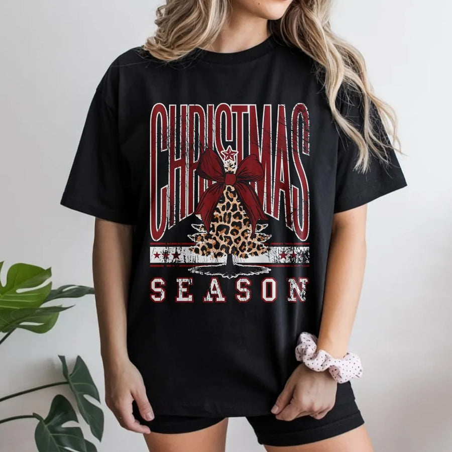 Christmas Season T-Shirt | Leopard Print Tree Bow Graphic | 100% Premium Cotton Tee | Festive Holiday Gift For Women & Teens