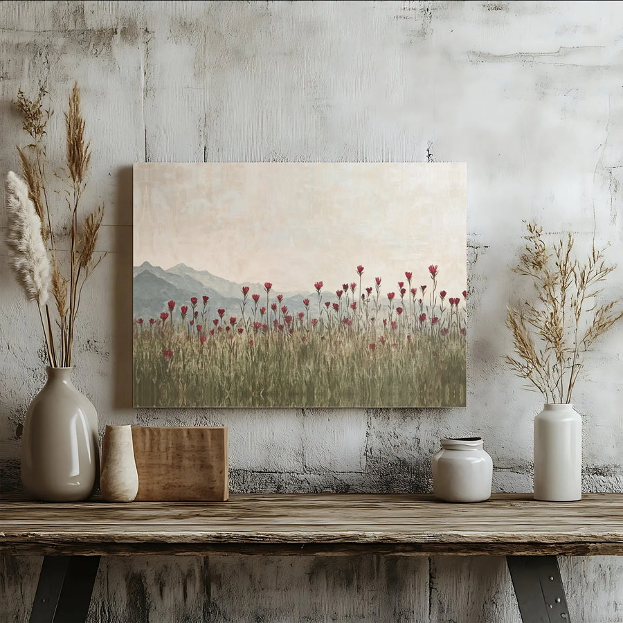Wildflower Meadow Canvas Wall Art | Vintage Red Flower Painting Print | Premium Thick Stretched Canvas | Modern Farmhouse Living Room Decor Gift