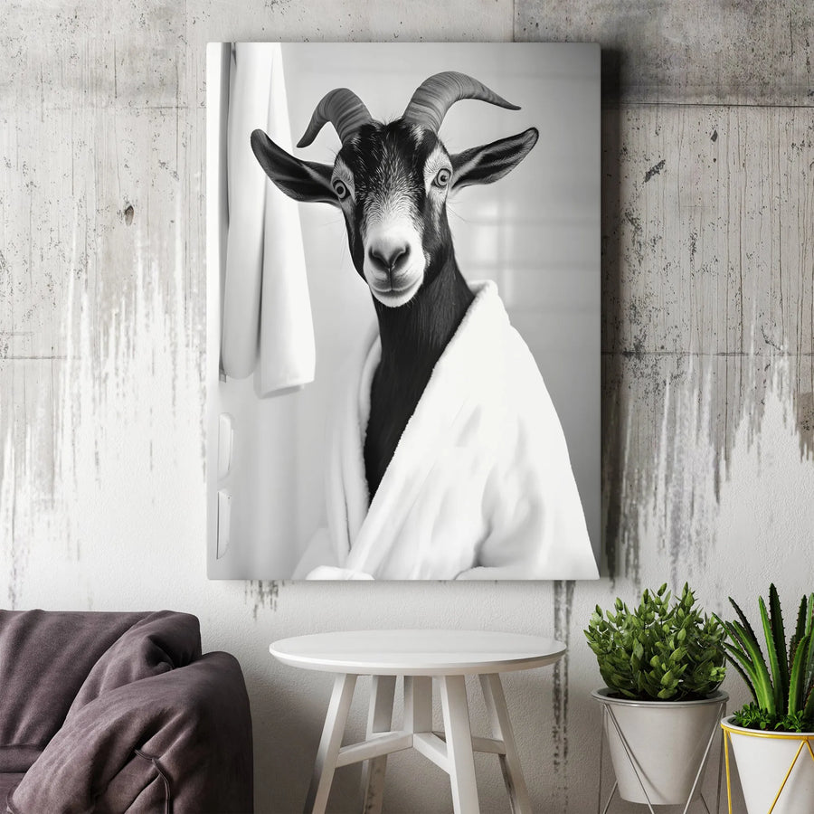 Funny Goat Vertical Canvas | Whimsical Animal in Bathrobe Portrait | Premium Black and White Wall Art | Unique Bathroom Decor Gift for Animal Lovers