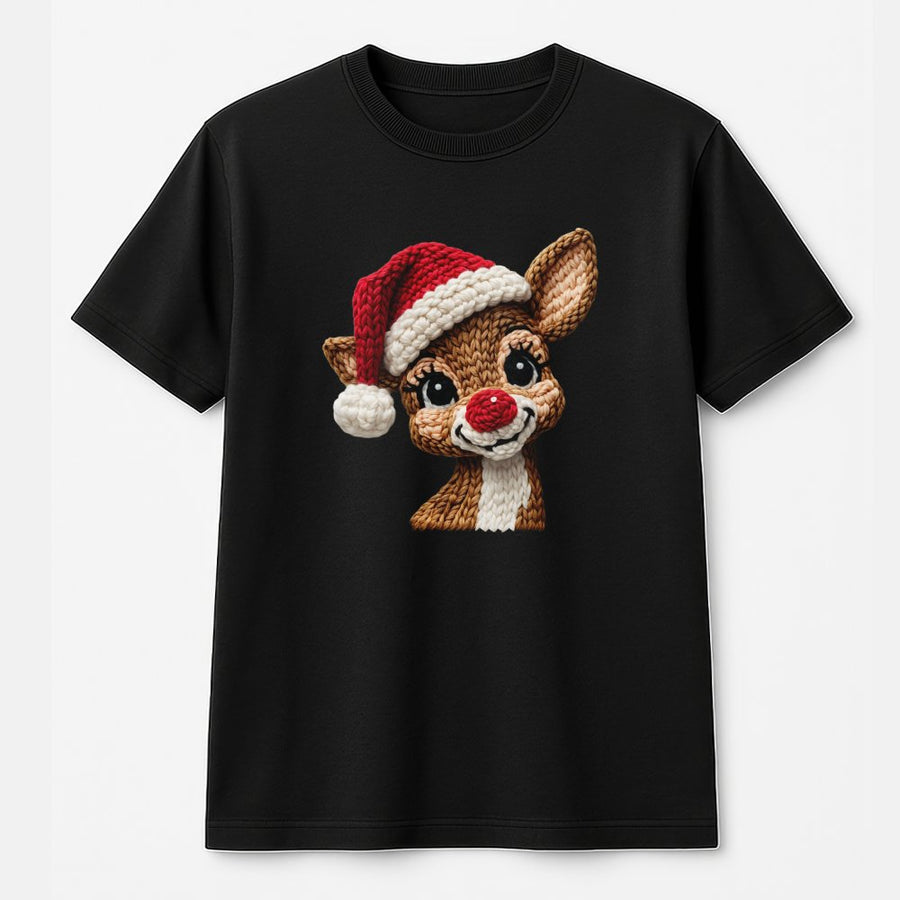 Cute Reindeer Christmas T-Shirt | Crochet Look Holiday Graphic Tee | 100% Cotton Premium Shirt | Festive Gift for Women and Men