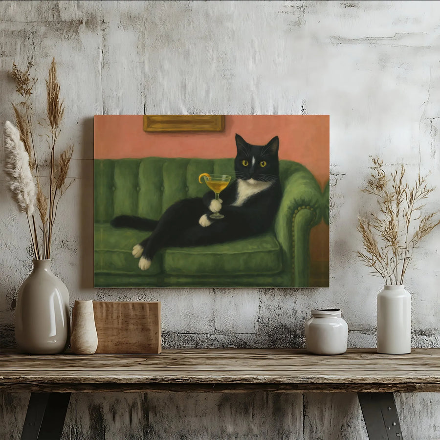 Tuxedo Cat Wall Art | Funny Sophisticated Cat Drinking Cocktail | Premium Gallery Wrapped Canvas | Quirky Home Decor Gift for Cat Lovers