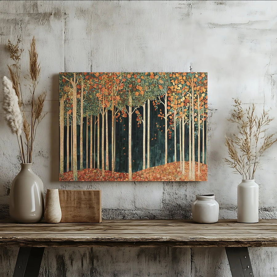 Autumn Forest Canvas Wall Art | Mosaic Birch Tree Landscape | Premium 1.25" Gallery Wrap | Nature Home Decor Gift for Living Room